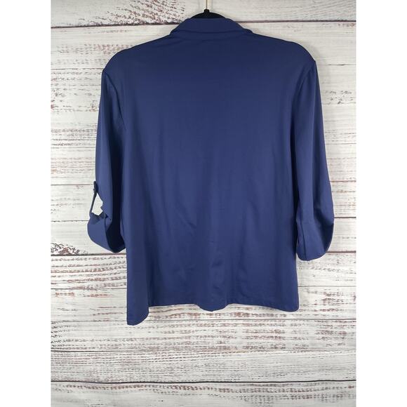 J.McLaughlin Shirt Womens Large Blue Stretch Button Front Roll Tab 3/4 Sleeve - Picture 6 of 8
